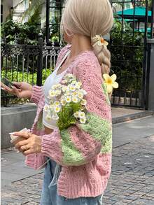 Ladies' Solid Color Jacquard Knitted Cardigan, Casual Autumn/Winter