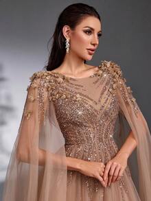 IBTRLY 新款春夏优雅奢华香槟色亮片珍珠花卉装饰高开衩网纱正式晚礼服，适合派对、婚礼、毕业典礼、生日、情人节等场合。 - 香檳色 - 查看 2