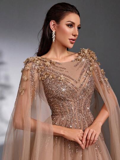 IBTRLY Spring/Summer New Elegant Luxurious Champagne Sequin Beaded Floral Decor High Slit Tulle Formal Evening Dress For Parties, Weddings, Graduations, Bitrhday, Valentine' S Day