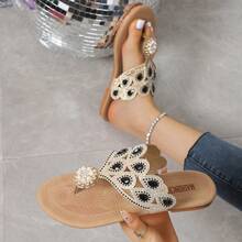 2025 Bohemian Crystal Embellished Flat Slide Sandals For Women, Open Toe Slip-On - Black - View 6
