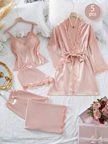 5pcs Solid Color Satin & Lace Patchwork Pajama Set, Including Long Sleeve Robe, V-Neck Camisole, Shorts, Pants And Belt, Elegant Women Sleepwear Loungewear - Dusty Pink - View 12