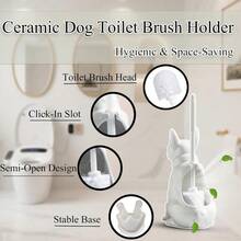 2025 Ceramic Dog Toilet Brush Holder Set French Bulldog Design With 2PCS Durable Plastic Brush Modern Bathroom Accessories White - White - View 2