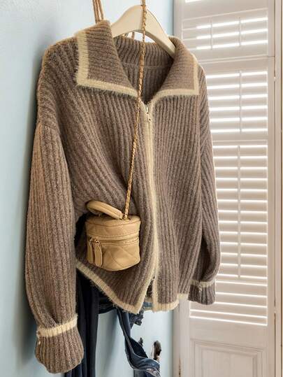 JIANHU Vintage Kontrast Saum Reißverschluss Strickjacke, College Stil Herbst Winter Cardigan, Weihnachten Neujahr Lässig Outfit