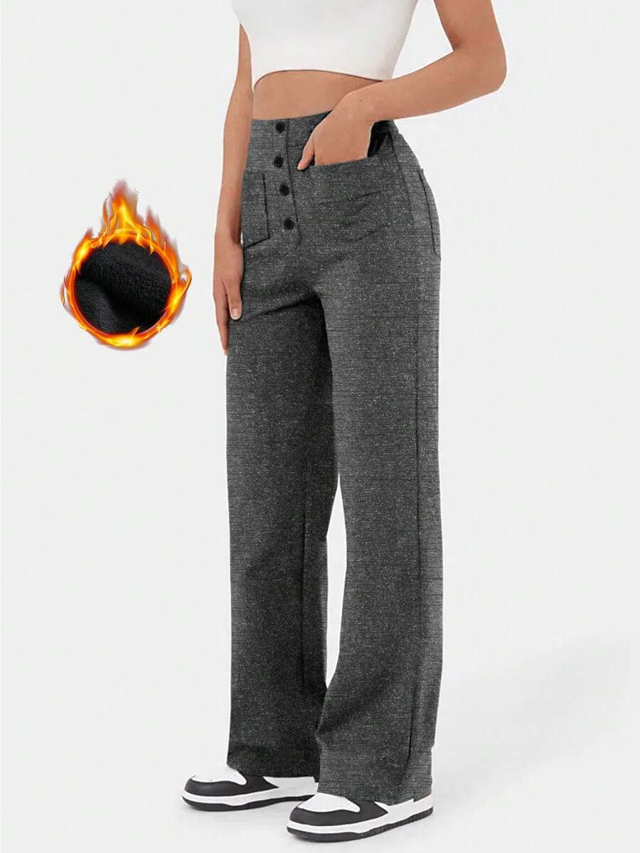 女式高腰休闲运动纯色纽扣口袋直筒裤 - 深灰色 - 查看 1