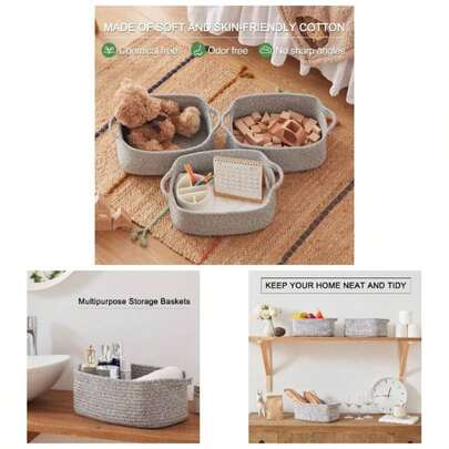 - Cestas de cuerda de algodn, cestas tejidas para almacenamiento, cestas de almacenamiento de guardera, cesta rectangular con asas, cestas de almacenamiento para estantes, paquete de 3,
