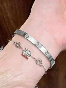 2/1 Piece New High-Quality Roman Numeral Zirconia Stainless Steel Bracelet, Bangle, Jewelry Set, Accessories Set, Suitable For Women's Delicate Wrists, Stackable, Lightweight Luxury, Unique Exquisite, Adorned With Rhinestones, Fashionable Design, Versatile Colors, Durable, Non-Fading, Perfect Daily Wear For Women - Silver - View 11