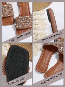 Sandales à enfiler ornées de strass, légères et antidérapantes, convenant pour la plage, le port casual, l'intérieur, les grandes tailles, nouveau design pailleté à la mode - Tabac - Voir 2