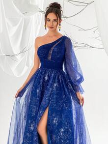 VIPGIRL Vestido de noche de una sola manga con linterna de malla azul marino para mujeres - azul real - Ver 4