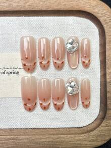 10片手工椭圆形亚克力美甲贴片，长款，柔和粉色，闪亮猫眼，豹纹图案，镶嵌大颗水钻，前卫优雅简约的秋季美甲，秋季贴片美甲，适合派对、日常、约会、海滩、热带度假等场合，DIY假指甲，适合女性和女孩作为礼物，美甲用品 - 粉色 - 查看 14