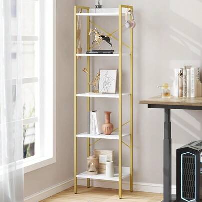 Bookshelf Book Shelf Industrial Bookcase With 2 Hooks Coner Shelf Storage Organizer For Home Office Living Room Bedroom Kitchen 5-Tier White Gold BC10513G
