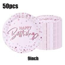 10/20/40/50 piezas, Platos de fiesta de cumpleaños en color oro rosa - Vajilla elegante en oro rosa con letras de "Feliz Cumpleaños", platos de postre y cena con estampado de puntos en oro rosa y diseños de cumpleaños para celebraciones de cumpleaños de familias de niños y niñas, para fiestas de princesas, despedidas de soltera y decoraciones de fiesta de cumpleaños en fines de semana y días festivos - Oro rosa - Ver 11