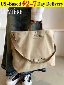 Retro Canvas Tote Bag, Letter Print Crossbody Bag, Casual Handbag For School Work Travel, Literary School Bag For Teens, Book Bag For Women Or Students, Perfect For Books, Shopping, Back To School And More - 彩色 - 查看 1