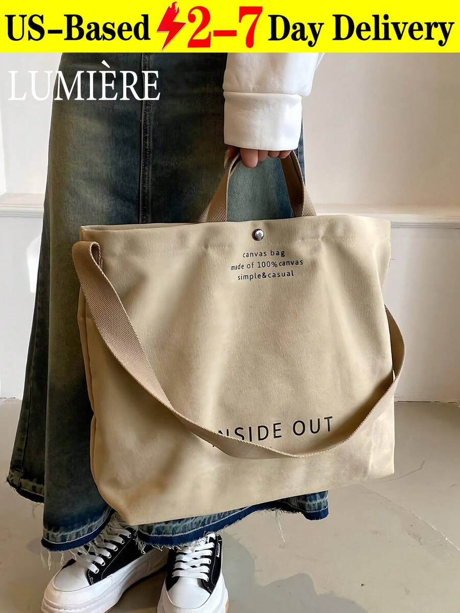 Retro Canvas Tote Bag, Letter Print Crossbody Bag, Casual Handbag For School Work Travel, Literary School Bag For Teens, Book Bag For Women Or Students, Perfect For Books, Shopping, Back To School And More - 彩色 - 查看 1