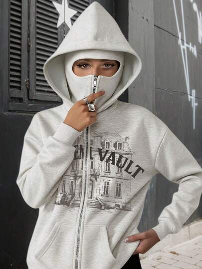 Oversized Long Balaclava Hat, Leopard Print, Women's Double-Layered Zip-Up Hoodie With Pockets, Fleece Lining For Warmth, Suitable For Autumn, Winter, Spring, Versatile For Vacation, School, Home, Daily Wear, Streetwear, Photo Shoots, Minimalist/Y2K/Casual/Preppy/Streetstyle/Office/Cute/Chic, Women's Autumn, Winter, Christmas, New Year Outerwear, Fashionable