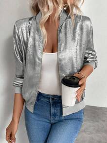Keke Bloomly Women's New Lightweight Long Sleeve Zip-Up Casual Jacket, Shiny Metallic Fabric, Fashionable Bomber Style, Versatile For Work, Travel And Leisure - Light Grey - View 2