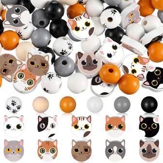 50 st. nyckfulla träpärlor med kattansikte - polerade runda hantverkspärlor för smyckestillverkning, gör-det-själv-hantverk, hemfestdekorationer, festliga kranstillbehör, katthalsband och kreativa projekt - perfekt för hantverkare och kattälskare