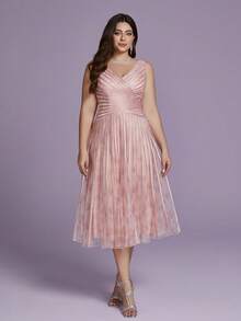 V-Neck Printed Mesh Draping Gown, High-End Evening Wear,Pink Dress - Pink - View 1