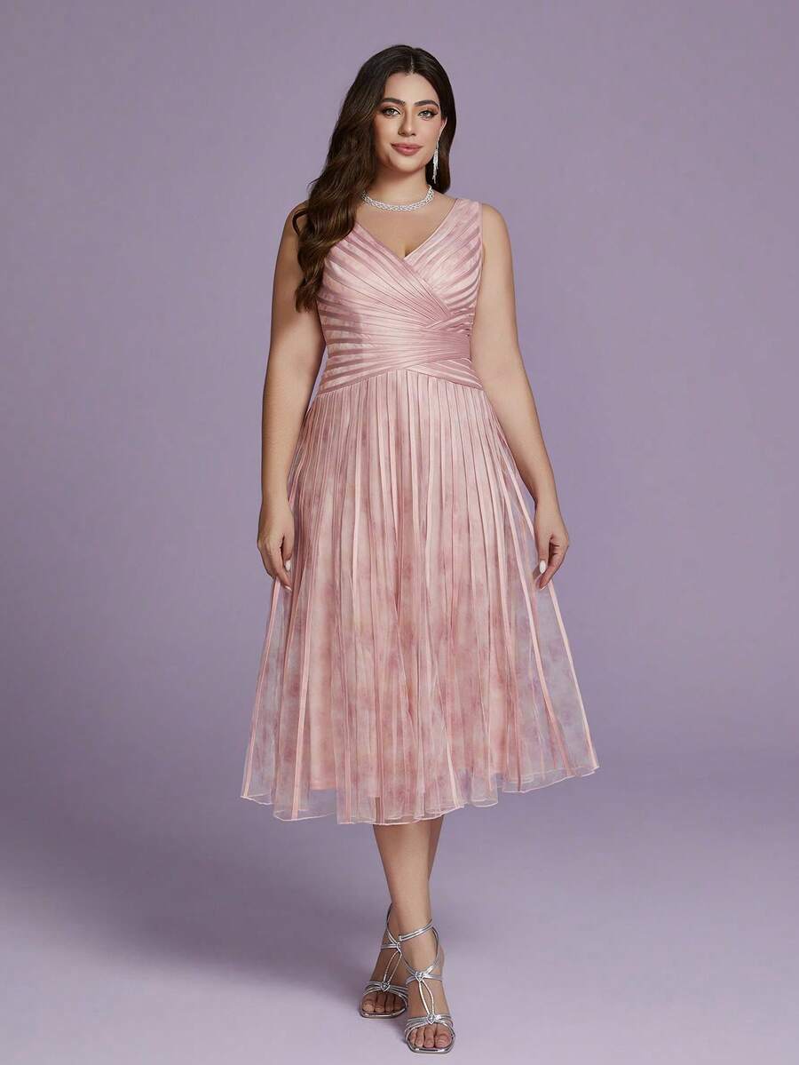 V-Neck Printed Mesh Draping Gown, High-End Evening Wear,Pink Dress - Pink - View 1