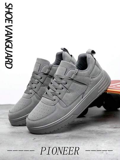 Men's Solid Color Leather Patchwork Casual Couple Sneakers, Classic Lace-Up Pure Gray Retro Flat Walking Shoes