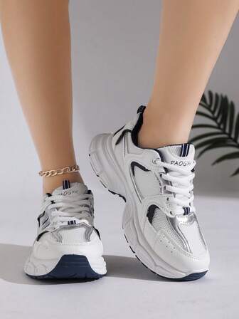 女士休闲运动鞋，银色复古厚底运动鞋，2025新款，透气前交叉系带，简约时尚个性厚底跑步鞋，学生百搭运动鞋，平底防滑户外滑板鞋