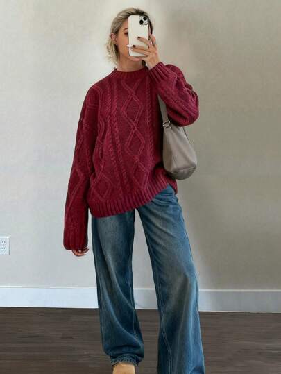 FOR BEAUTY Autumn And Winter New Round Neck Twisted Flower Long Sleeve Knitted Sweater Tops Women Loose Burgundy Red Simple Fashion Commuting Style Women's Sweater Burgundy Red Long Sleeve Casual Lazy Style Warm Top New Year