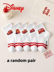 Disney 5 Pairs Cars Cartoon Pattern Kids Mid-Calf Socks With Black & White Stripes, Adorable Design, Fashionable Casual Breathable Red Stripe Student Socks, Suitable For Daily Wear, Back To School, Holiday Gifts - Multicolor - View 15