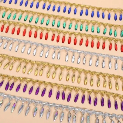 1 Yard Rhinestone Embellished Tassel Lace Satin Ribbon, 4.5cm Wide, Clothing Accessory