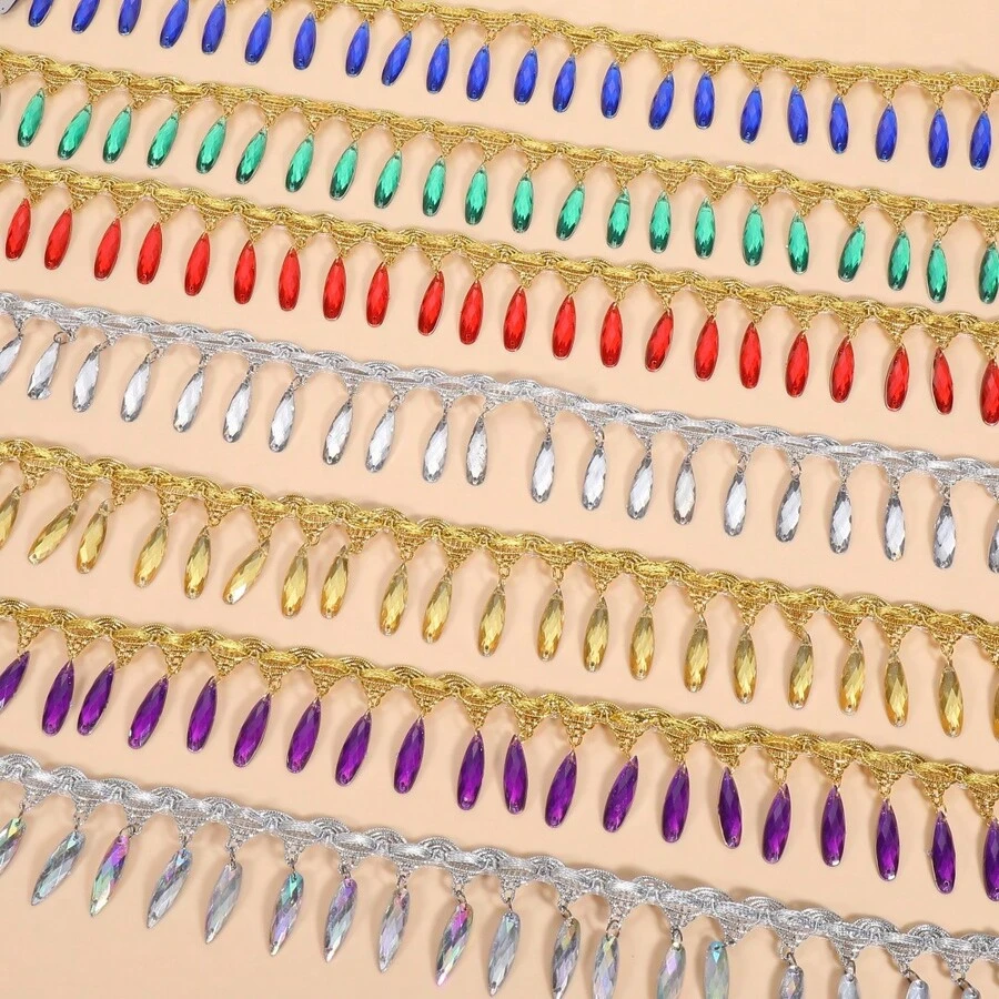 1 Yard Rhinestone Embellished Tassel Lace Satin Ribbon, 4.5cm Wide, Clothing Accessory - Multicolor - View 1