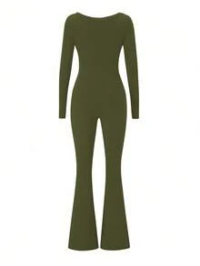 AiTyi Damen Jumpsuit, gut sitzender V-Ausschnitt einfarbiger schlanker schmeichelhafter modischer sexy Casual Sport Outdoor vielseitiger Y2K Stil, geeignet für Abschluss, Schulanfang, Weihnachten, Neujahr, Erntedankfest, Herbst/Winter gestrickter Langarm Weites Bein Jumpsuit Frühling Elegant - Armeegrün - Übersicht 10