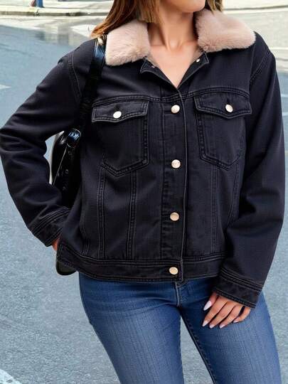 Chamarra de mezclilla con botones de solapa con peluche de manga larga