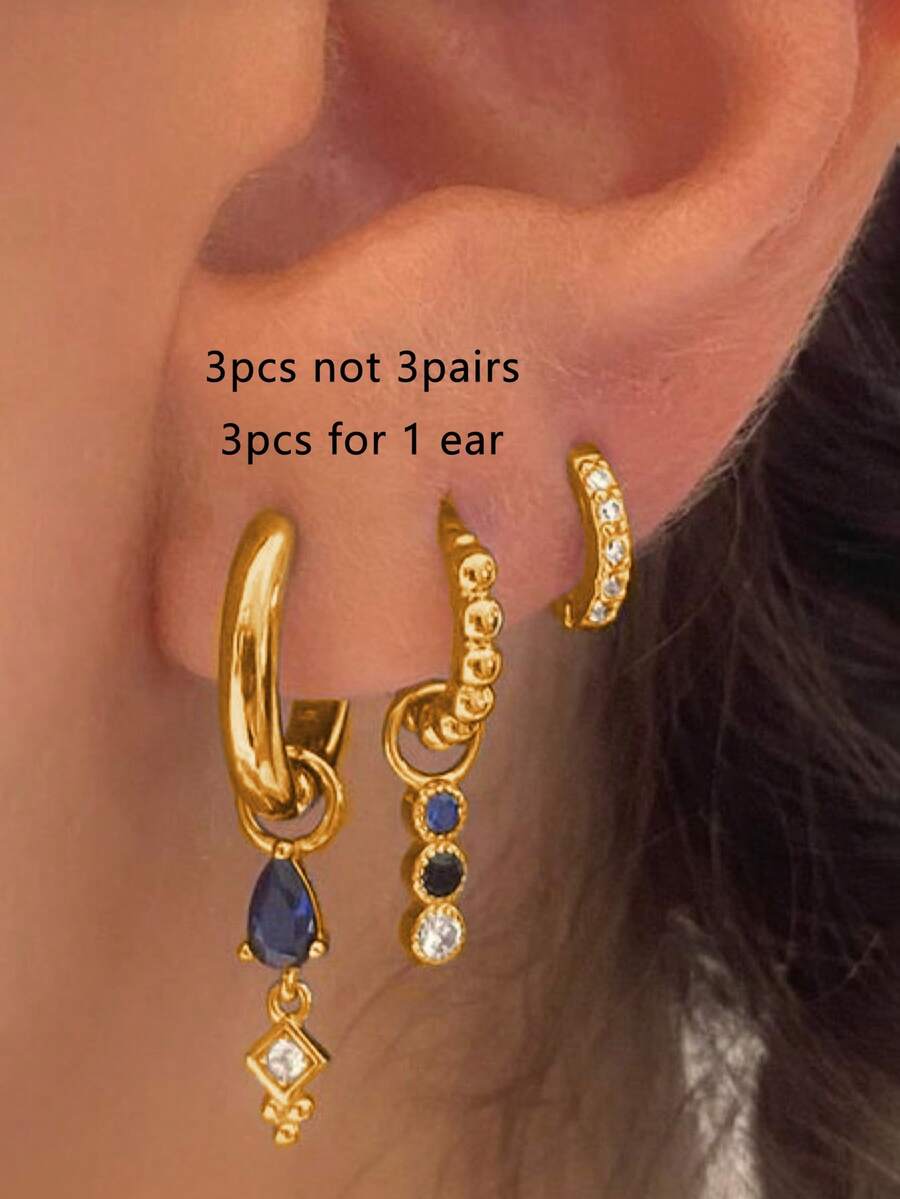 Bộ 3 bông tai mặt hình giọt nước đính đá Cubic Zirconia thanh lịch, dành cho nữ, làm quà tặng hàng ngày, hẹn hò, tiệc tùng, lễ hội - Vàng - Xem 1