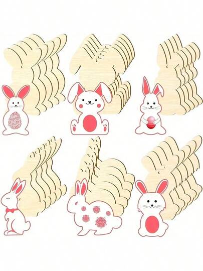 12pcs, 6 Styles Easter Bunny Wooden Pieces, DIY Wooden Rabbit Hanging Decorations, Painting Crafts, Blank Wooden Pieces, DIY Craft Decorative Paintings, Easter Gifts