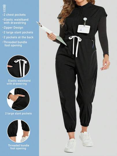  Cimmuovere Plus Size Short Sleeve Waist-Tie Fitted Pleated Zipper Stand Collar Jumpsuit