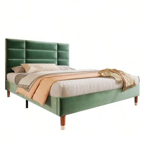 Upholstered Bed, Double Bed With Slatted Base, 140x200cm Upholstered Bed Frame With Headboard, In Black Linen, For Adults And Teenagers (Mattress Not Included) - Green 2 - View 1