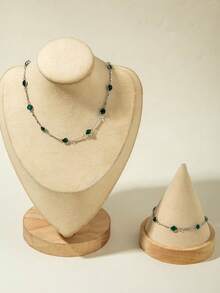 imoli 1 Set Women Jewelry Includes 1 Rhinestone Anklet And 1 Rhinestone Necklace, Minimalist & Fashionable Design, Suitable For Daily Wear, Casual Occasions, And Gifts - 15633-nA-green-3-set - View 7