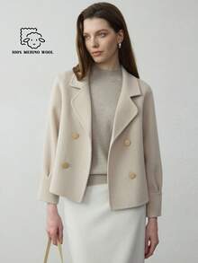 优雅女士100%纯羊毛大衣，时尚纯色，前短后长双面羊毛夹克，女士冬季外套 白色 - 白色 - 查看 4