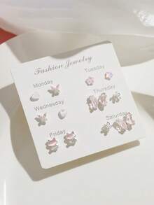 6 对/套锌合金微镶嵌耳钉和蝴蝶耳环套装，简约优雅心形耳环，奢华高品质爱心设计优雅耳环 - 粉色 - 查看 10