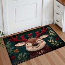 1 pieza Felpudo con estampado de ciervo, decoración navideña, se puede usar como regalo de Navidad, material similar a la felpa, muy absorbente y fácil de limpiar, adecuado para decoración del hogar, estilo rústico, entrada, interior, habitación, cocina, comedor, pequeña oficina/oficina en casa, fregadero, lavandería, felpudo, alfombra de cocina, alfombra antideslizante
