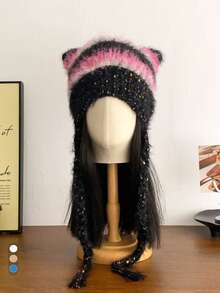 Gorro de punto suave y fresco con bloqueo de color con lazos a rayas en forma de orejas de gato, gorro de punto esponjoso con orejas de gato, gorro de punto cálido con orejas de gato para mujer, gorro de algodón suave y esponjoso con orejas de gato para el invierno - Multicolor - Ver 11