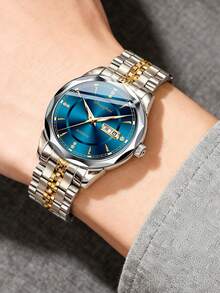 Dianpai Men's Automatic Mechanical Watch, Stainless Steel Band With Dual Calendar, Rhinestone, Gradient Round Dial, Business Casual, Waterproof, Luminous Wristwatch - Blue - View 4