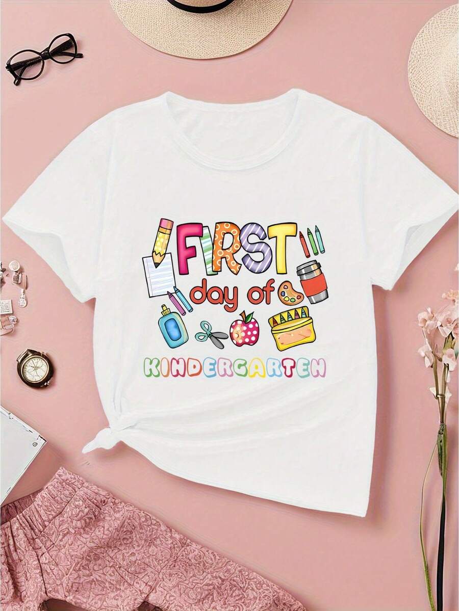 Camiseta de Algodón para Primer Día de Jardín de Infancia - Dise?o Colorido con Gráficos Escolares, Cuello Redondo, Casual y Suave, Ideal para Regalo de Cumplea?os, Primer Día de Clases, Actividades Infantiles y Fotografías en Verano - Blanco - Ver 1