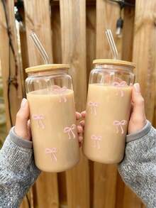 1pc 16oz Reusable Transparent Coffee Cup With Bowknot Design, Comes With Bamboo Lid And Straw, Large Capacity Outdoor Travel Portable Beverage/Juice Cup, Suitable For Summer & Winter, Birthday/Holiday Party Gift, Glass Water Bottle, Valentine's Day - Multicolor - View 2