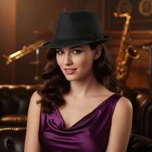 Denim Trilby Fedora Hat For Men Women Vintage Top Hat Causal Jazz Cap For Daily Party Club - 黑色 - 查看 3