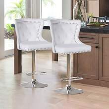 Bar Stools Set Of 2, Velvet Breakfast Bar Stool, Height Adjustable Kitchen Chair, With Backrest Capable Of 360-Degree Rotation, White - White - View 2