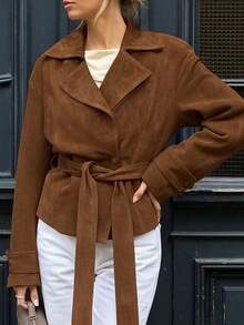 Damen Herbst/Winter Französisch Wildleder Fleece Kragen Lässige Doppelreiher Jacke mit Bindegürtel, Mode Neue Matt Fleece Schlank Passform Elegant Retro Mantel, Ausgeh Oberteile für Damen - Braun - Übersicht 7