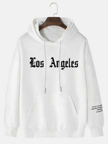 男士洛杉矶字母图案口袋连帽卫衣，秋冬新款 - 白色 - 查看 4