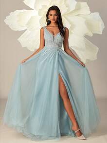 VIPGIRL Vestido de noche elegante largo con abertura alta y parches de lentejuelas para mujeres - Celeste - View 6