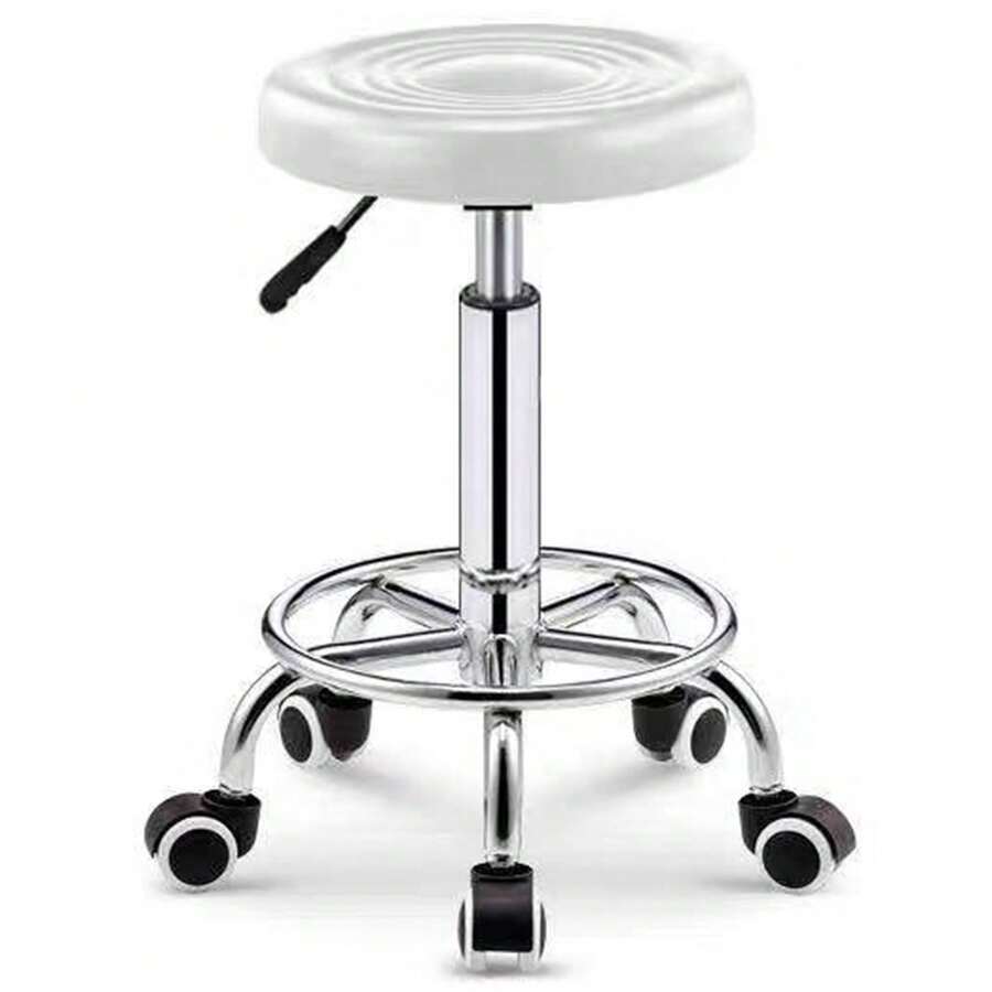 高さ調節可能なPUレザーローリングスツール - キャスター付きラウンドスイベルクッションスツール - ホワイト - チェックする 1