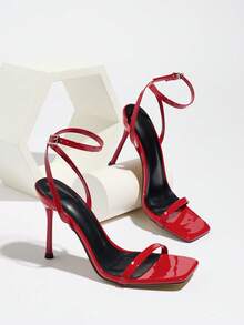 Women's High Heel Sandals, Suitable For Spring/Summer Night Parties, Gatherings, Outdoor Occasions, Fashion Elegant High-End Banquet, Electroplated Thin High Heel Square Toe Celebration, Holiday Fashion, High-Quality Soft Mirror Material Sexy Open Toe Adjustable Ankle Strap Comfortable Elegant Luxurious Red Shoes, Suitable For Catwalk, Casual, Home, Outdoor Walking, Travel, Formal Dance Party - Red - View 5