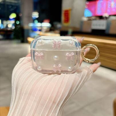 新款粉色蝴蝶结仿珍珠+金属环耳机保护套，DIY可爱时尚，适合秋冬季节，兼容苹果1/2、3、Pro、Pro 2、4